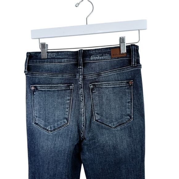 Judy Blue Mid Rise Slim Bootcut Jeans Dark Wash Distressed Western Womens 3/26 - Picture 7 of 10
